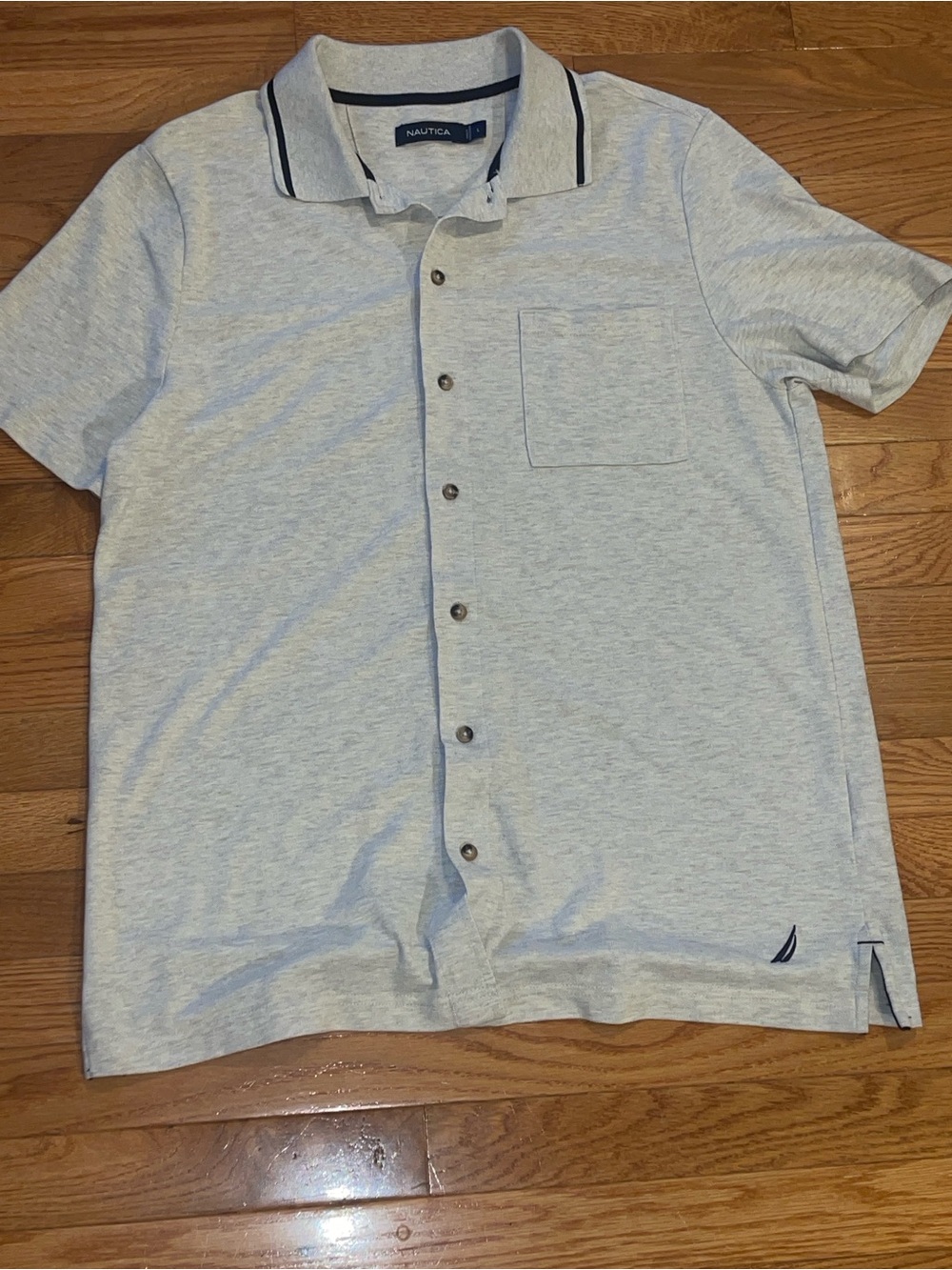 Nautica Button Up Gray and Navy Polo | Logo Solid Casual Office | Size L